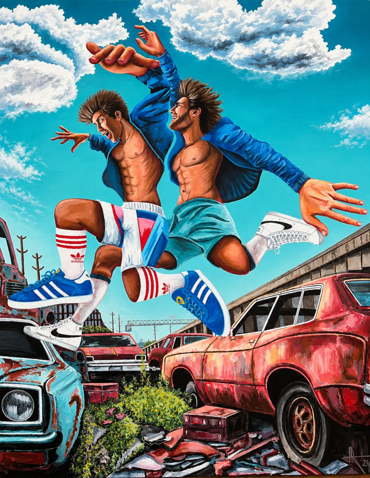 Obra figurativa de Tom Roy con dos figuras monumentales sobre un paisaje urbano
